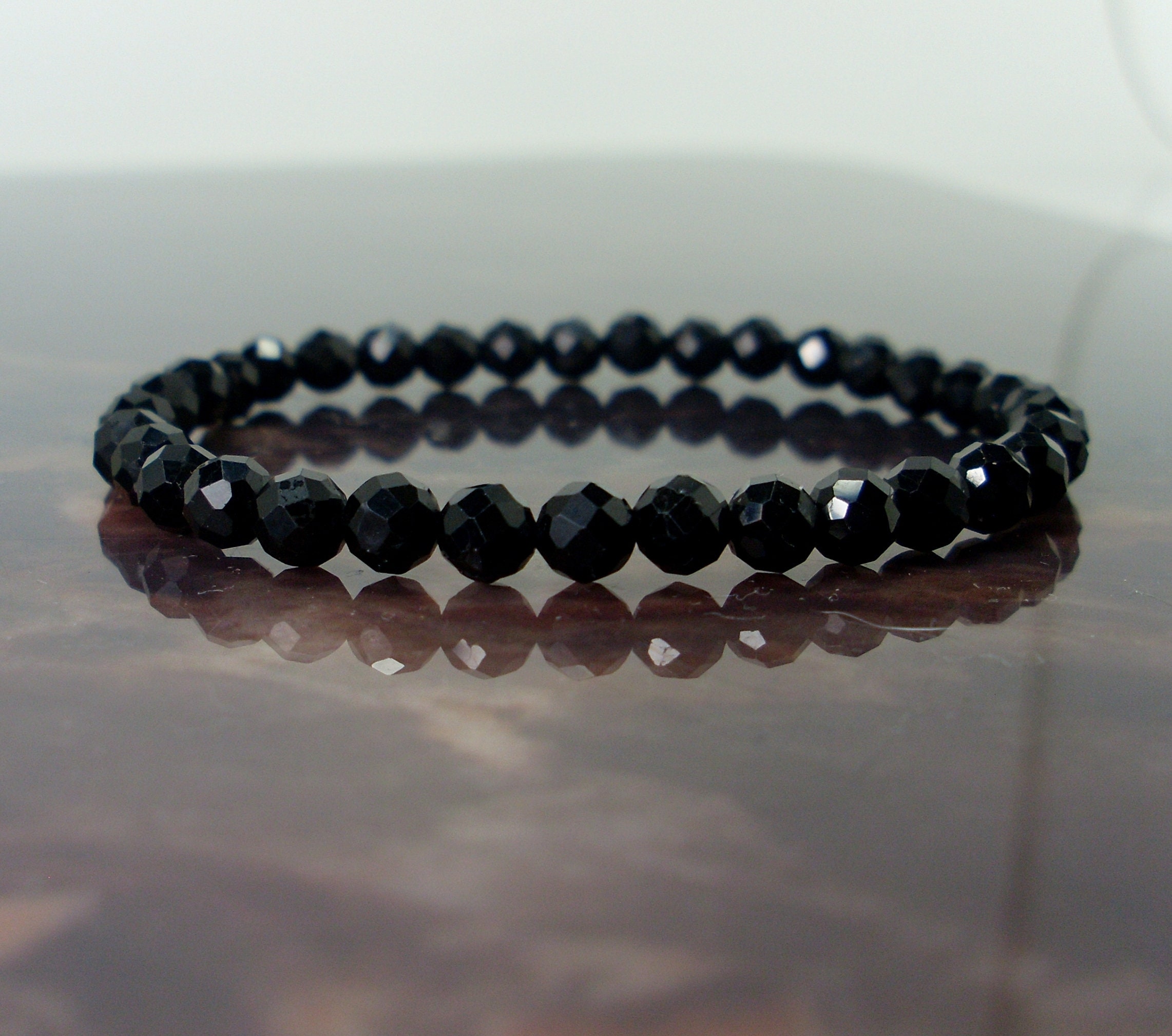 Black Tourmaline Faceted Bracelet 5mm, Natural Gemstone Unisex Women Mens Bracelet, Handmade Beaded Bracelet, Gift For Her/him + Gift Bag