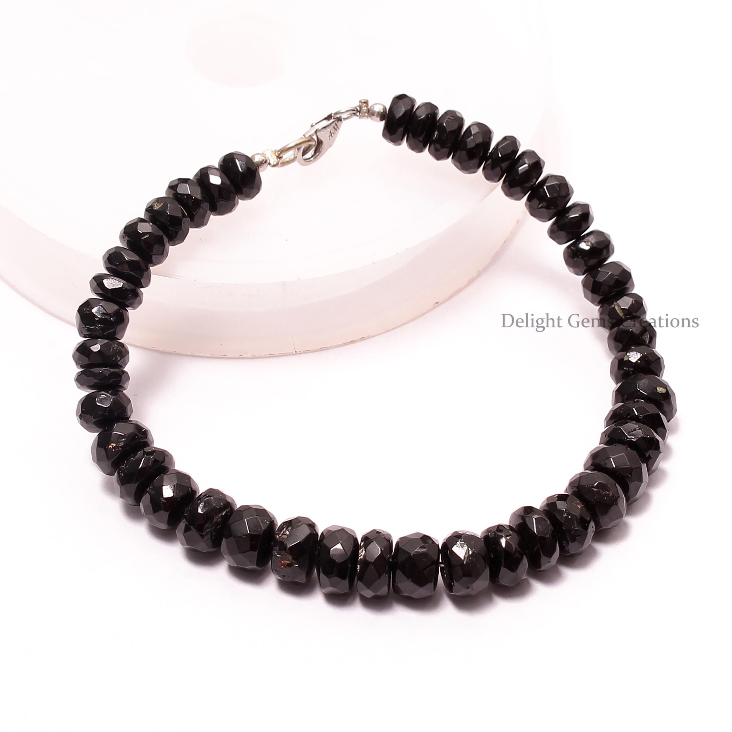 Black Tourmaline Faceted Rondelle Beaded Bracelet, 6-7mm