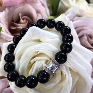 Black Tourmaline gemstone bracelet and CZ bead / natural/ gemstone/ Tourmaline/ talisman/ protection/ black and white/ bracelet