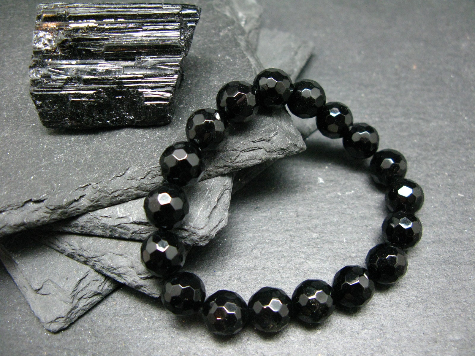 Black Tourmaline Genuine Bracelet ~ 7 Inches  ~ 10mm Round Facetted Beads