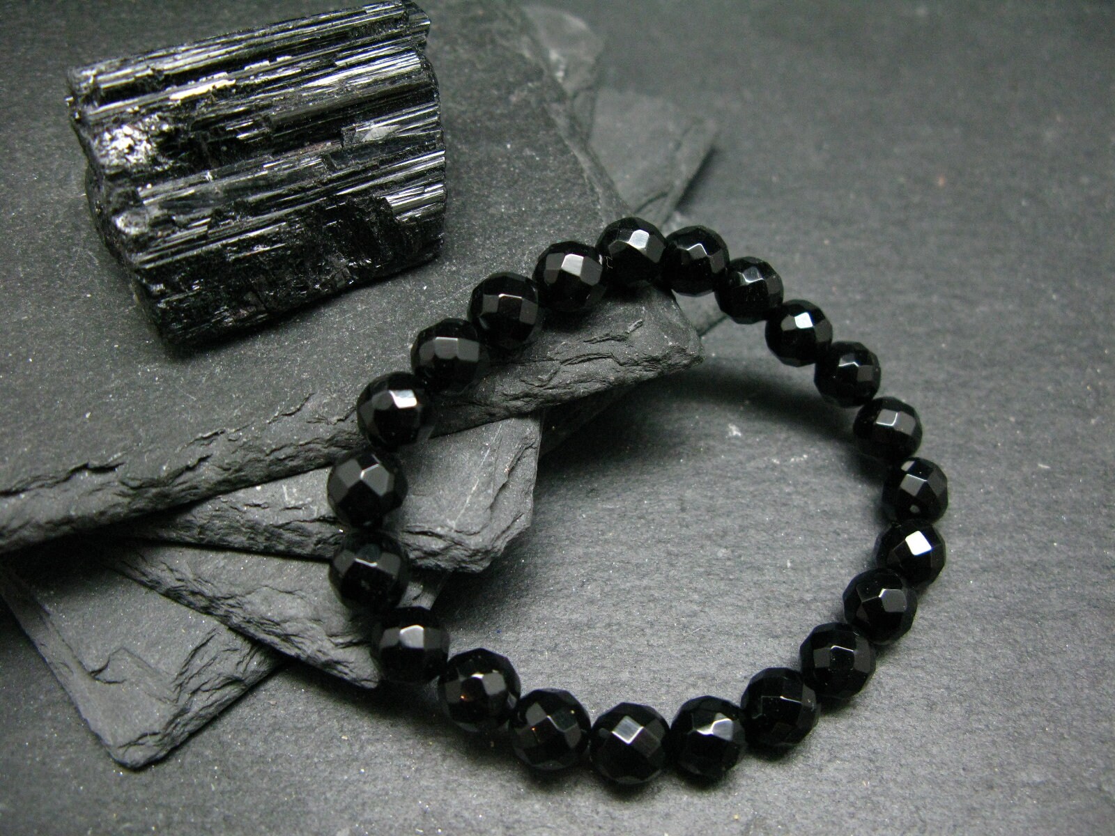 Black Tourmaline Genuine Bracelet ~ 7 Inches ~ 8mm Round Facetted Beads
