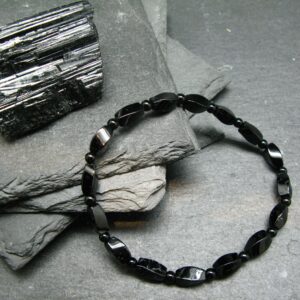 Black Tourmaline Genuine Bracelet ~ 7 Inches ~ Elongated & Round Beads