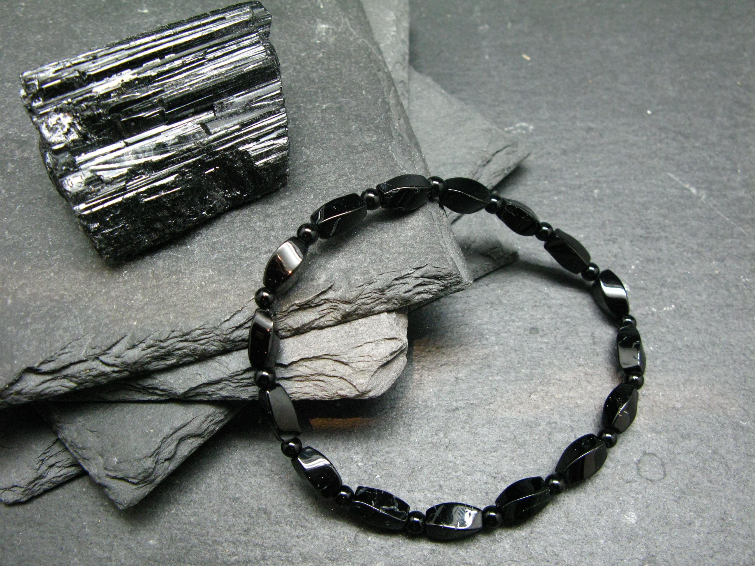 Black Tourmaline Genuine Bracelet ~ 7 Inches  ~ Elongated & Round Beads