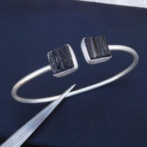 Handmade Black Tourmaline Bangle: Brush Finish Sterling Silver