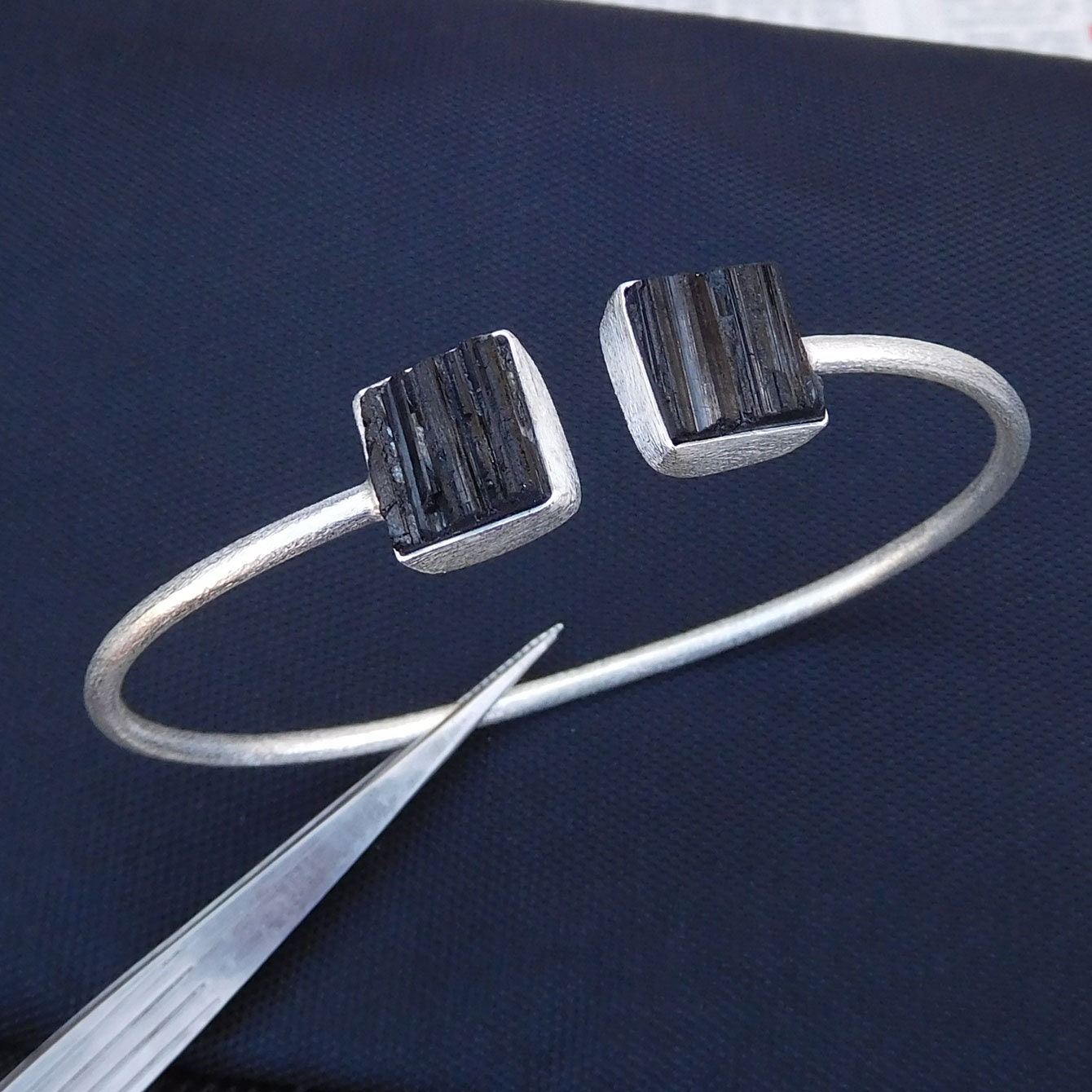 Handmade Black Tourmaline Bangle: Brush Finish Sterling Silver
