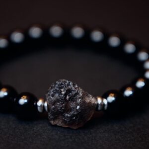 Men's Meteorite Tektite Bracelet, Its Age Around 700,000, Genuine Black Tourmaline Stretch Bracelet