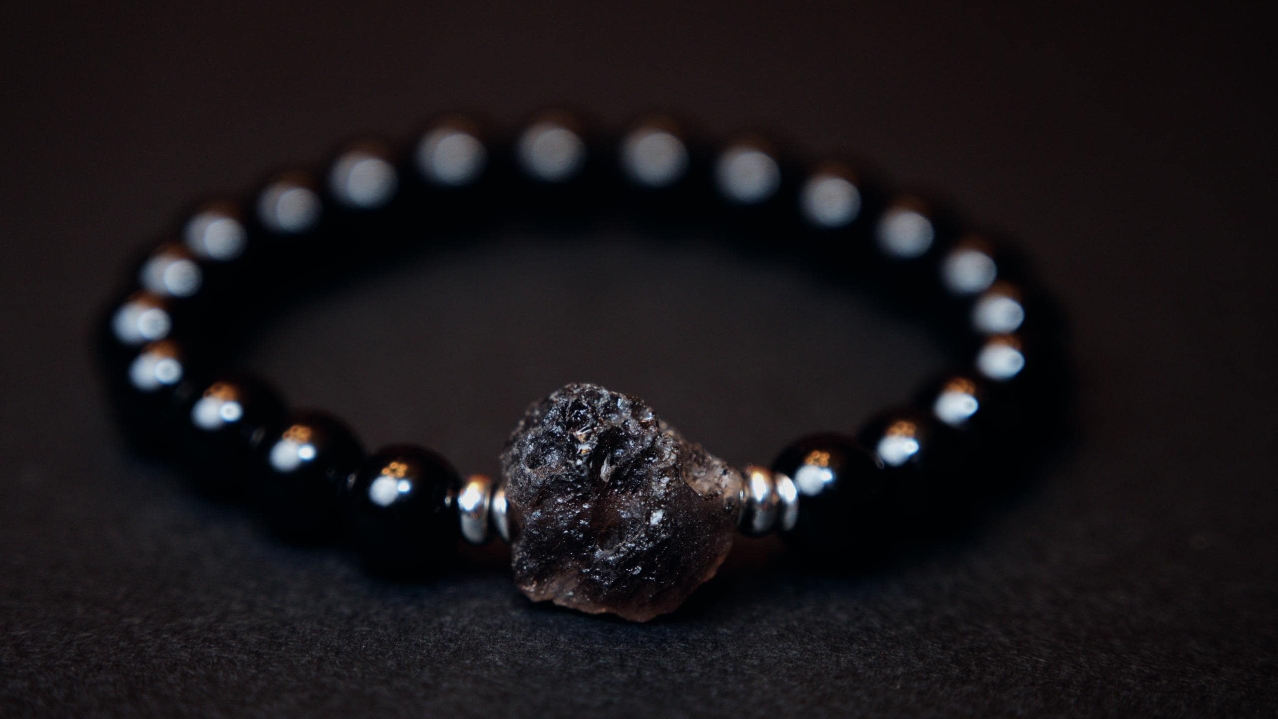 Men's Meteorite Tektite Bracelet, Its Age Around 700,000, Genuine Black Tourmaline Stretch Bracelet