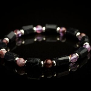 Men's Unisex Genuine Rough Raw Black Tourmaline Auralite 23 Stainless Steel Stretch Bracelet. Rough Raw Black Tourmaline Bracelet