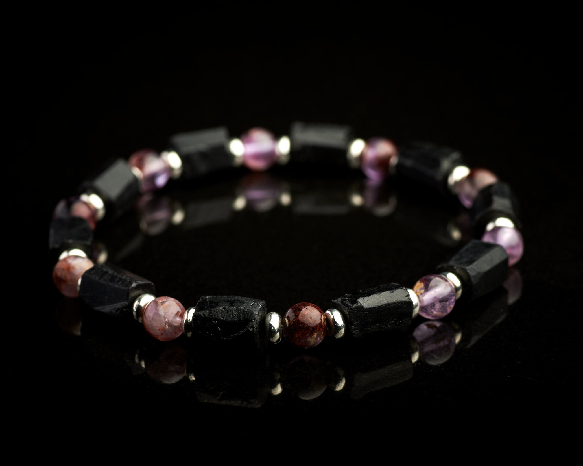 Men's Unisex Genuine Rough Raw Black Tourmaline Auralite 23 Stainless Steel Stretch Bracelet. Rough Raw Black Tourmaline Bracelet