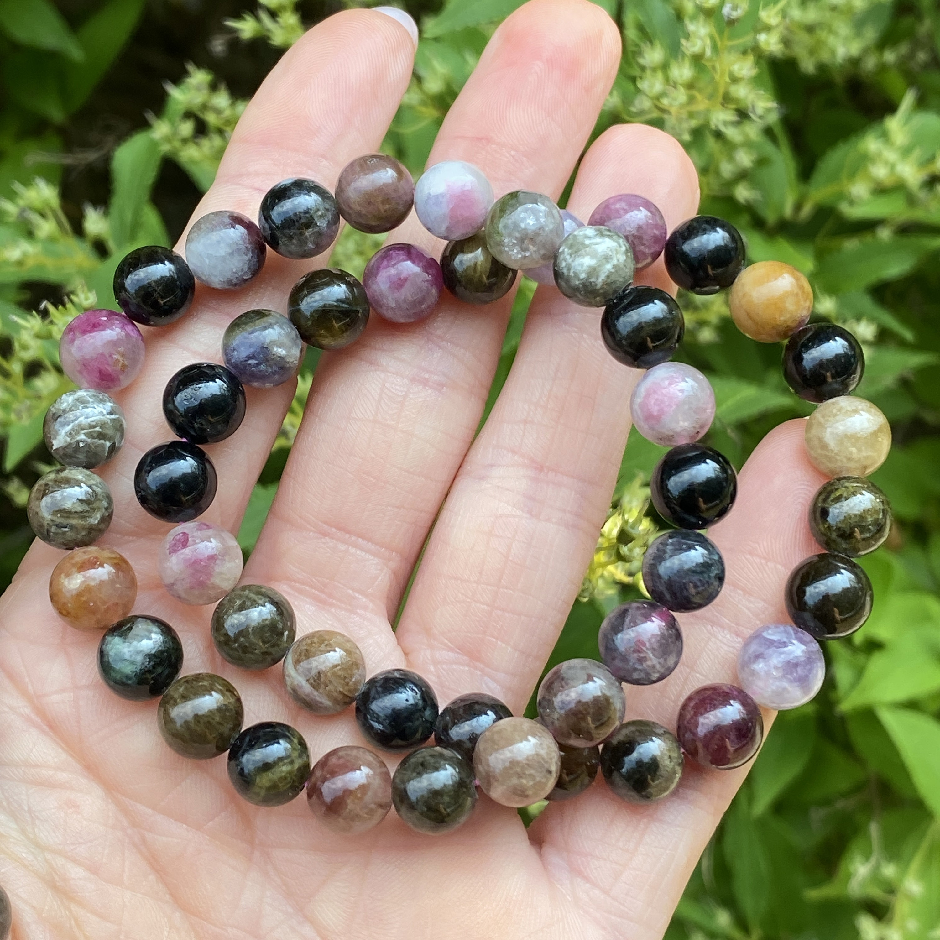 Mixed Tourmaline Bracelet, 8mm, 7in, Pink, Green, Black Tourmaline Some With Mica