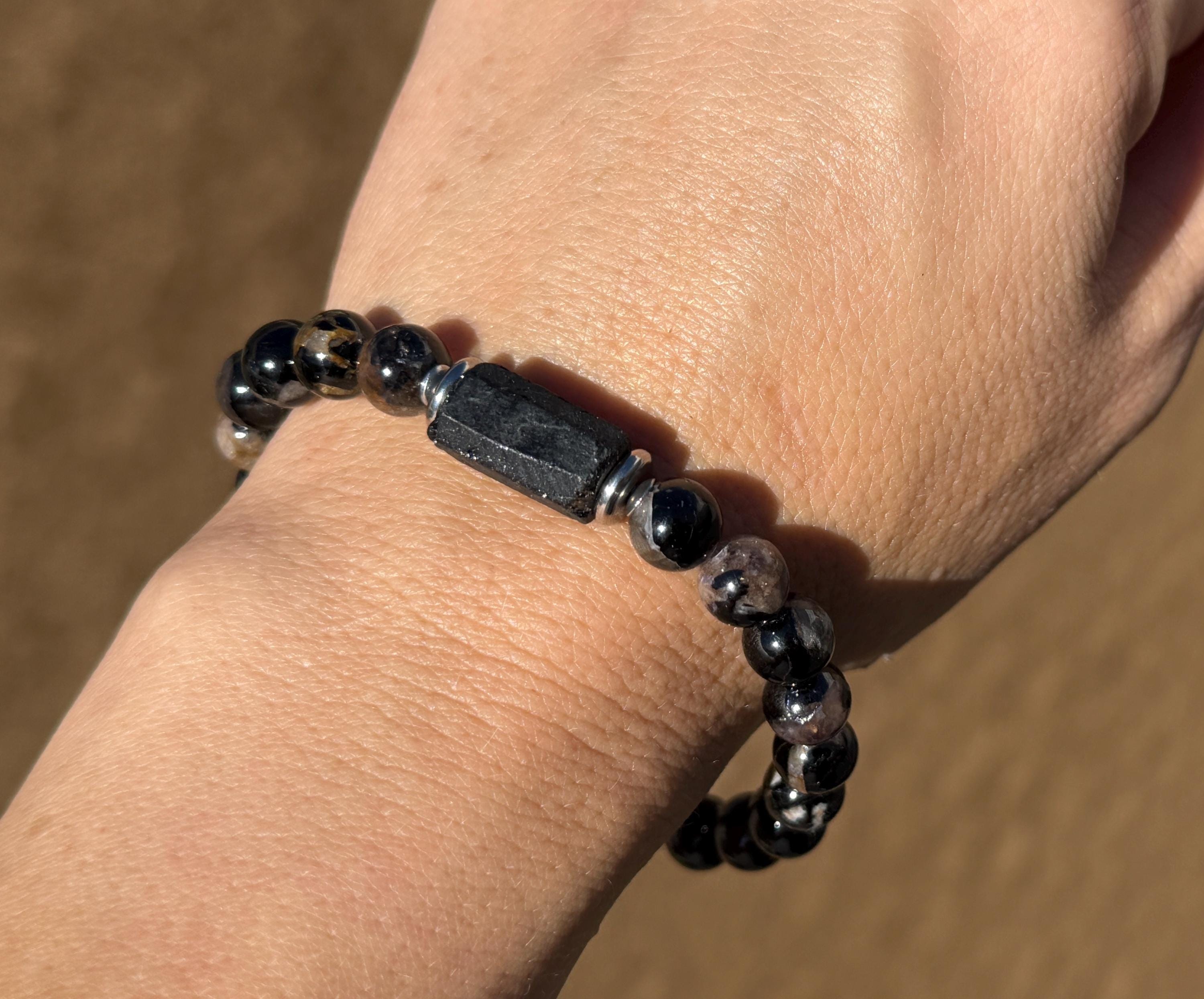 Natural Iron Matrix Black Tourmaline Gemstone Stretch Bracelet