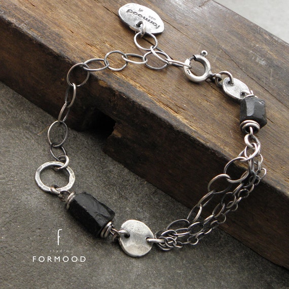 Oxidized Silver Bracelet – Black Tourmaline, Adjustable Chain