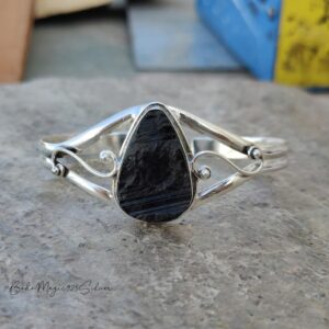 Raw Black Tourmaline Bangle: Handmade 925 Sterling Silver Boho Bracelet