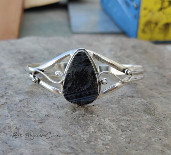 Raw Black Tourmaline Bangle: Handmade 925 Sterling Silver Boho Bracelet Raw Black Tourmaline Bangle: Handmade 925 Sterling Silver Boho Bracelet
