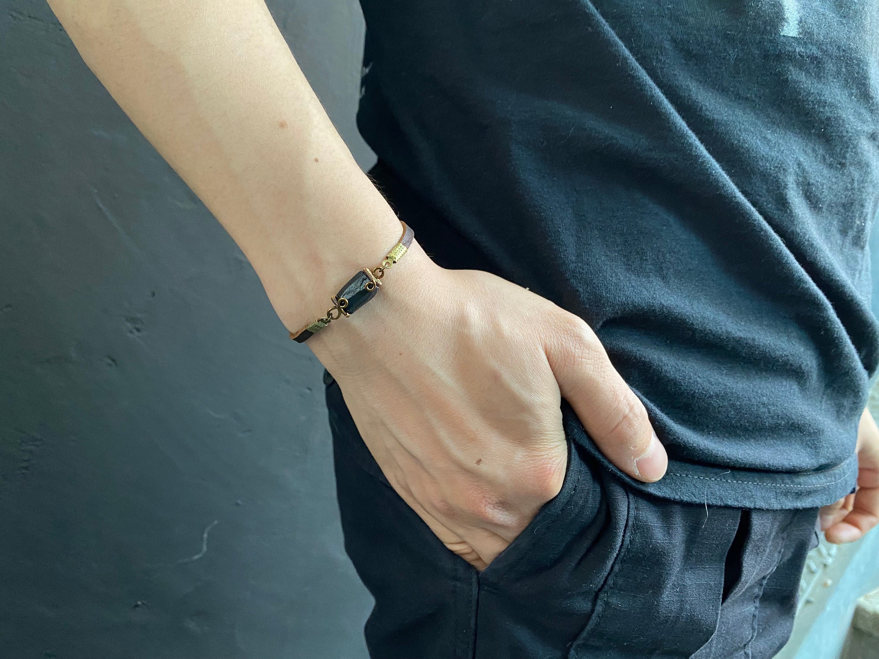 Raw Black Tourmaline Bracelet, Raw Crystal Bracelet, Adjustable Leather Bracelet, 8th Anniversary Gift, Long Distance Boyfriend Gift Raw Black Tourmaline Bracelet, Raw Crystal Bracelet, Adjustable Leather Bracelet, 8th Anniversary Gift, Long Distance Boyfriend Gift