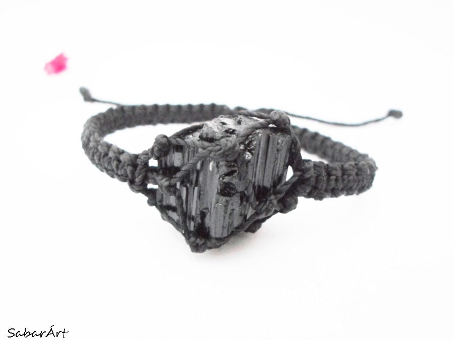 Raw Black Tourmaline Bracelet, Macrame Gemstone Jewelry, Schorl Raw Black Tourmaline Bracelet, Macrame Gemstone Jewelry, Schorl