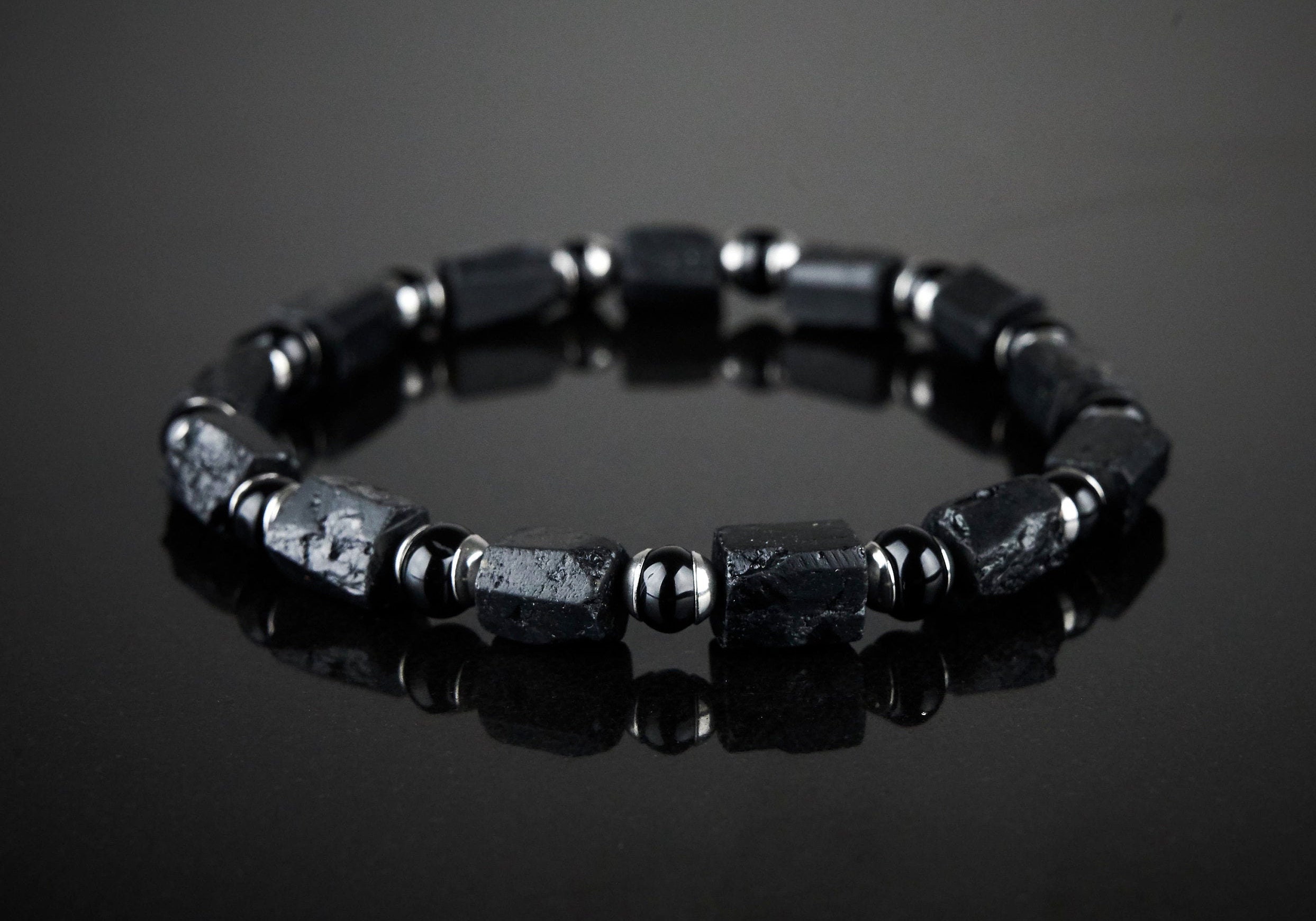 Raw Black Tourmaline Bracelet, Stainless Steel Nugget Stretch Bracelet