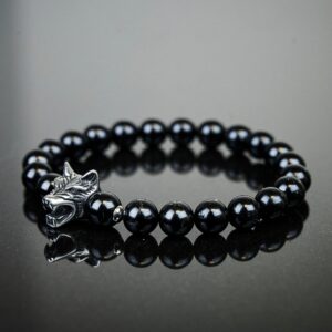 Black Tourmaline Bracelet With Stainless Steel Wolf Totem
