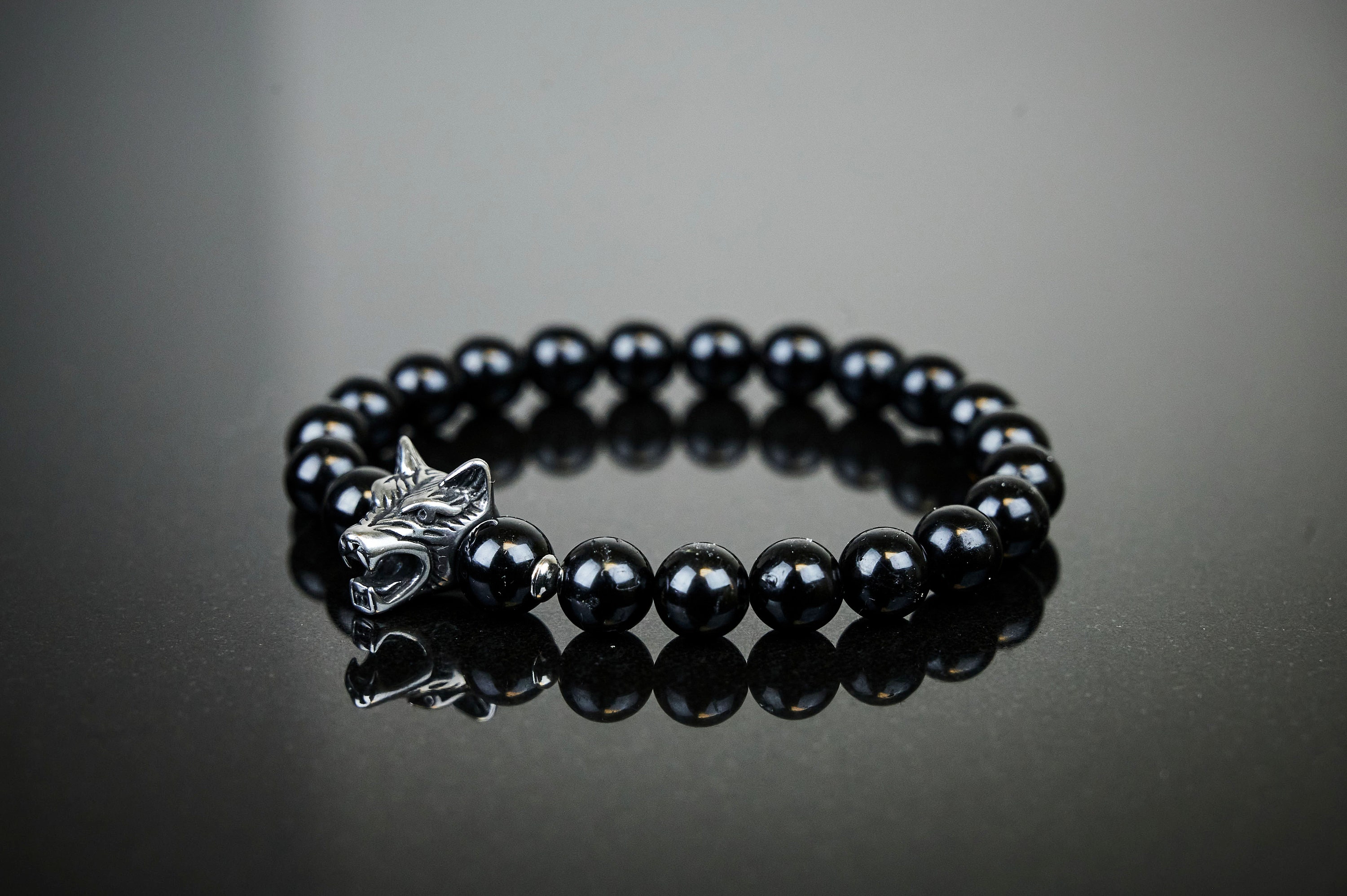 Black Tourmaline Bracelet With Stainless Steel Wolf Totem