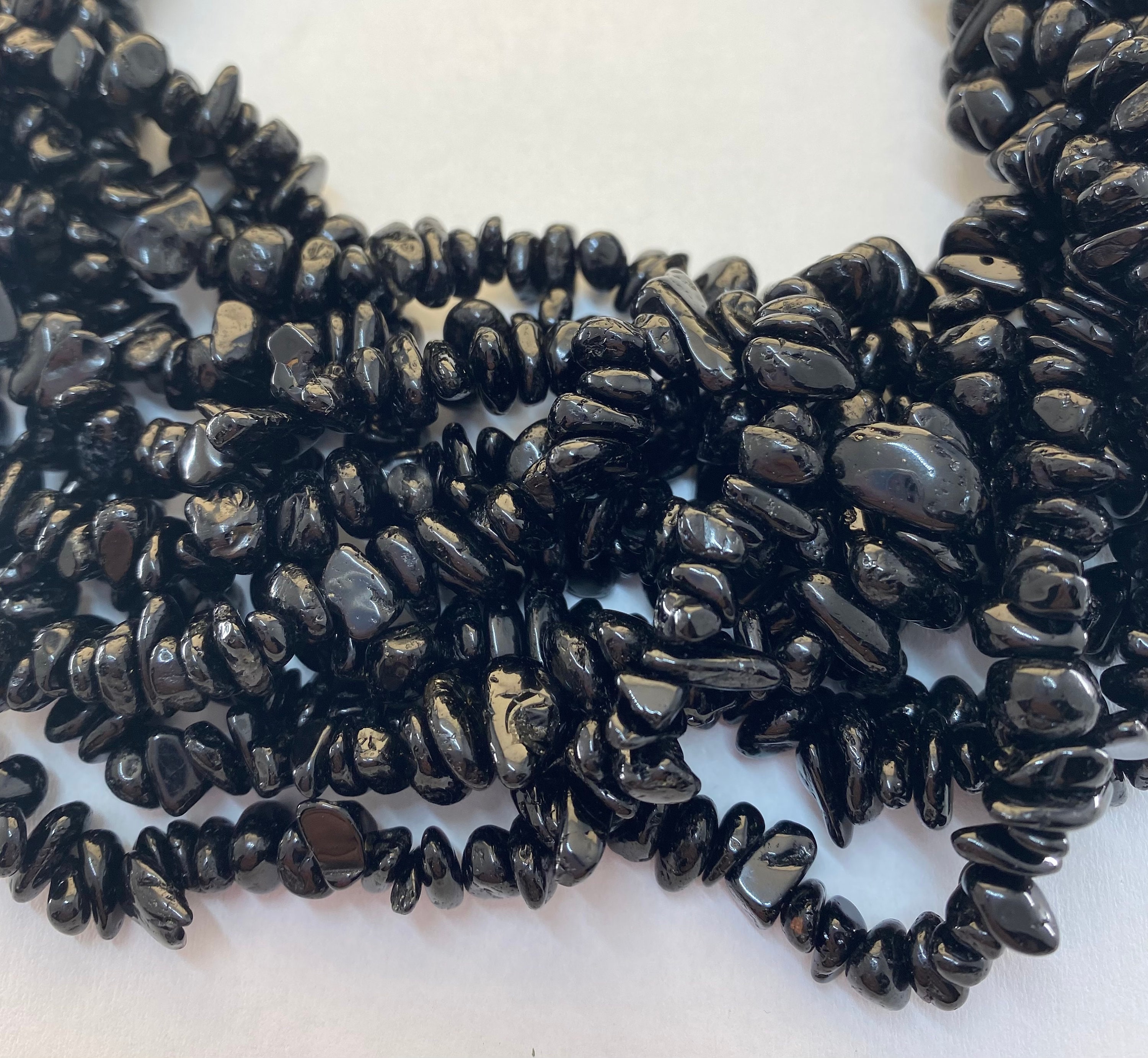 High Quality Black Tourmaline Gemstone Chips.  36” Strand Of Black Tourmaline Beads, Approx. 5-8mm In Diamater.