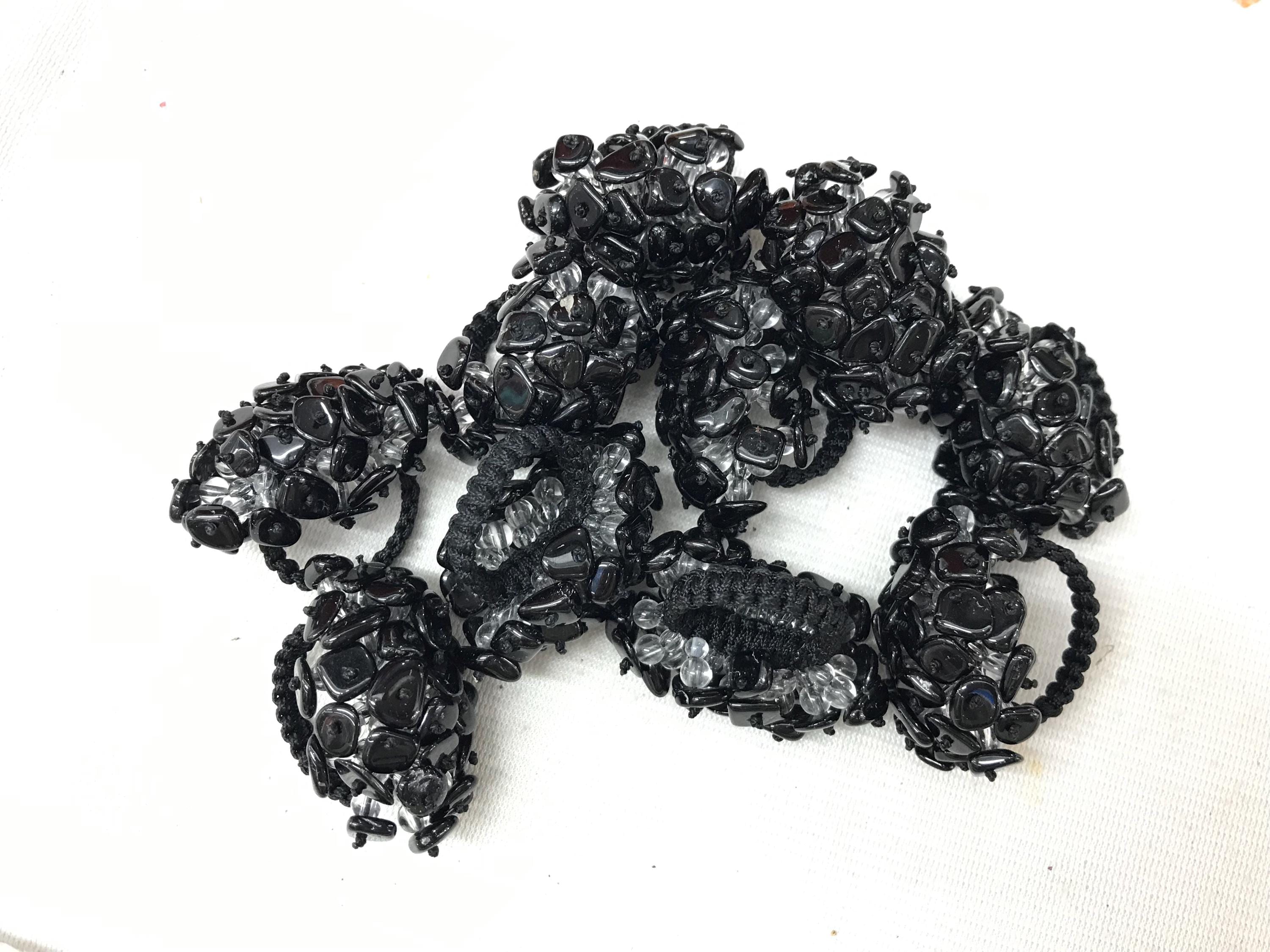 Natural Black Tourmaline 5-8mm Chips With 3mm 4mm Clear Crystal Beads Nylon Cord Weave Handmade Flower-shape Ring  ---1pc