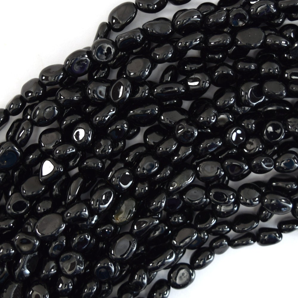 Natural Black Tourmaline Pebble Nugget Beads 15.5" Strand 6mm - 8mm, 8mm - 10mm