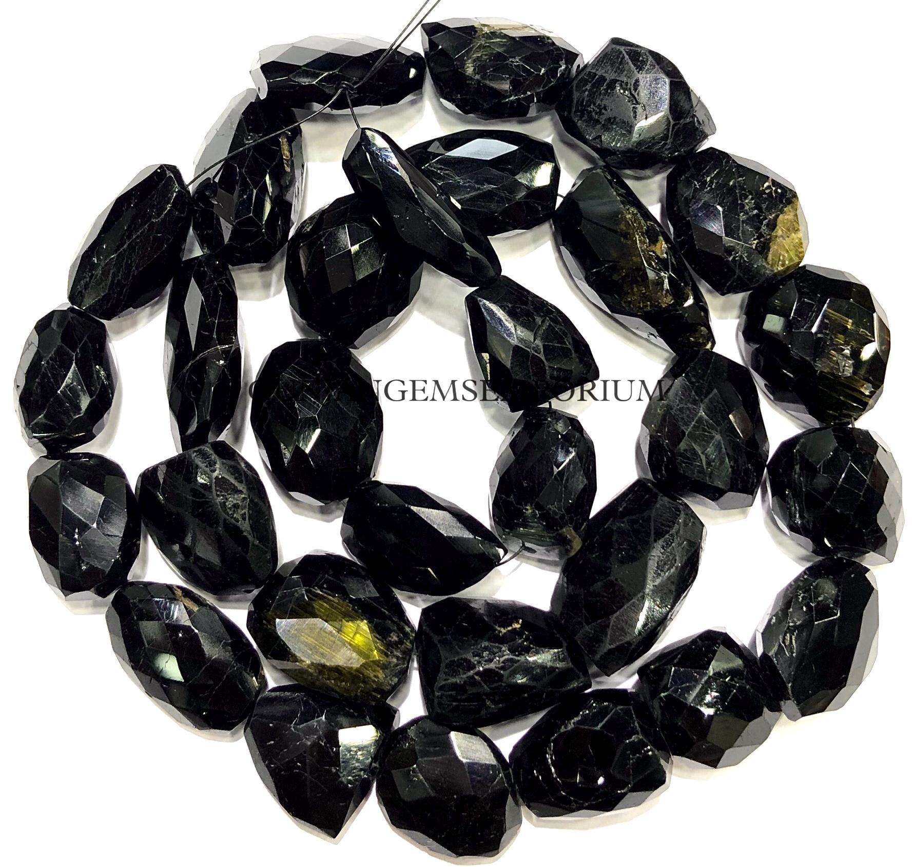 Rare! Black Tourmaline Faceted Nuggets Beads Beautiful Tourmaline Nugget Shaped Beads Natural Old Mines Tourmaline Gemstone 19” Beaded Gems