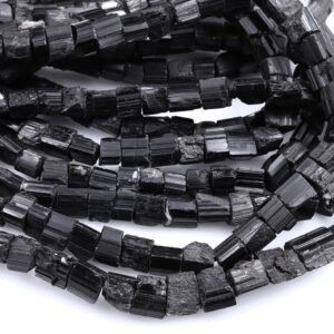 Raw Natural Black Tourmaline Beads Short Cylinder Tube Nugget Real Genuine Black Tourmaline Crystal Shaped Gemstones 17" Strand