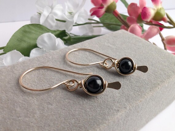 Black Tourmaline 14k Gold Filled Wire Wrapped Earrings, October Birthstone Black Tourmaline 14k Gold Filled Wire Wrapped Earrings, October Birthstone