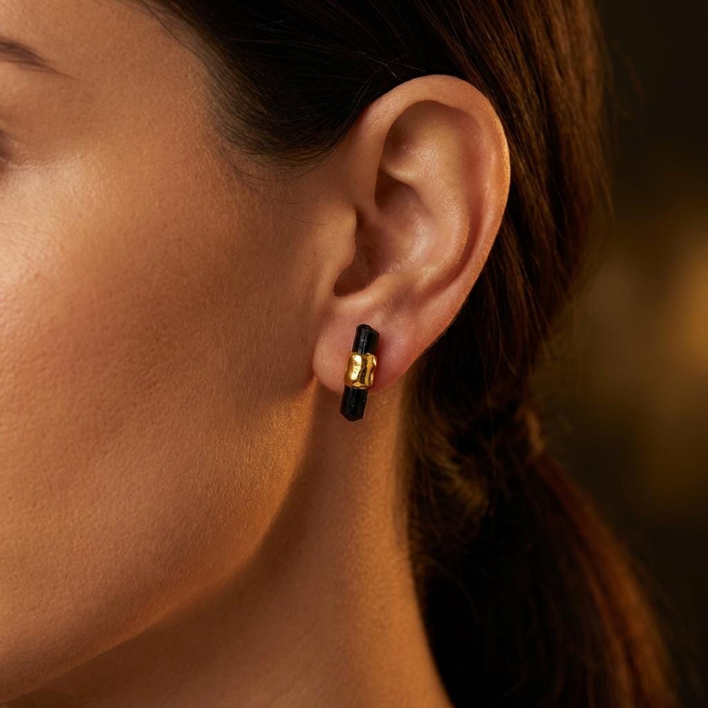 Black Tourmaline Bar Studs: 24k Gold Filled Gemstone Earrings