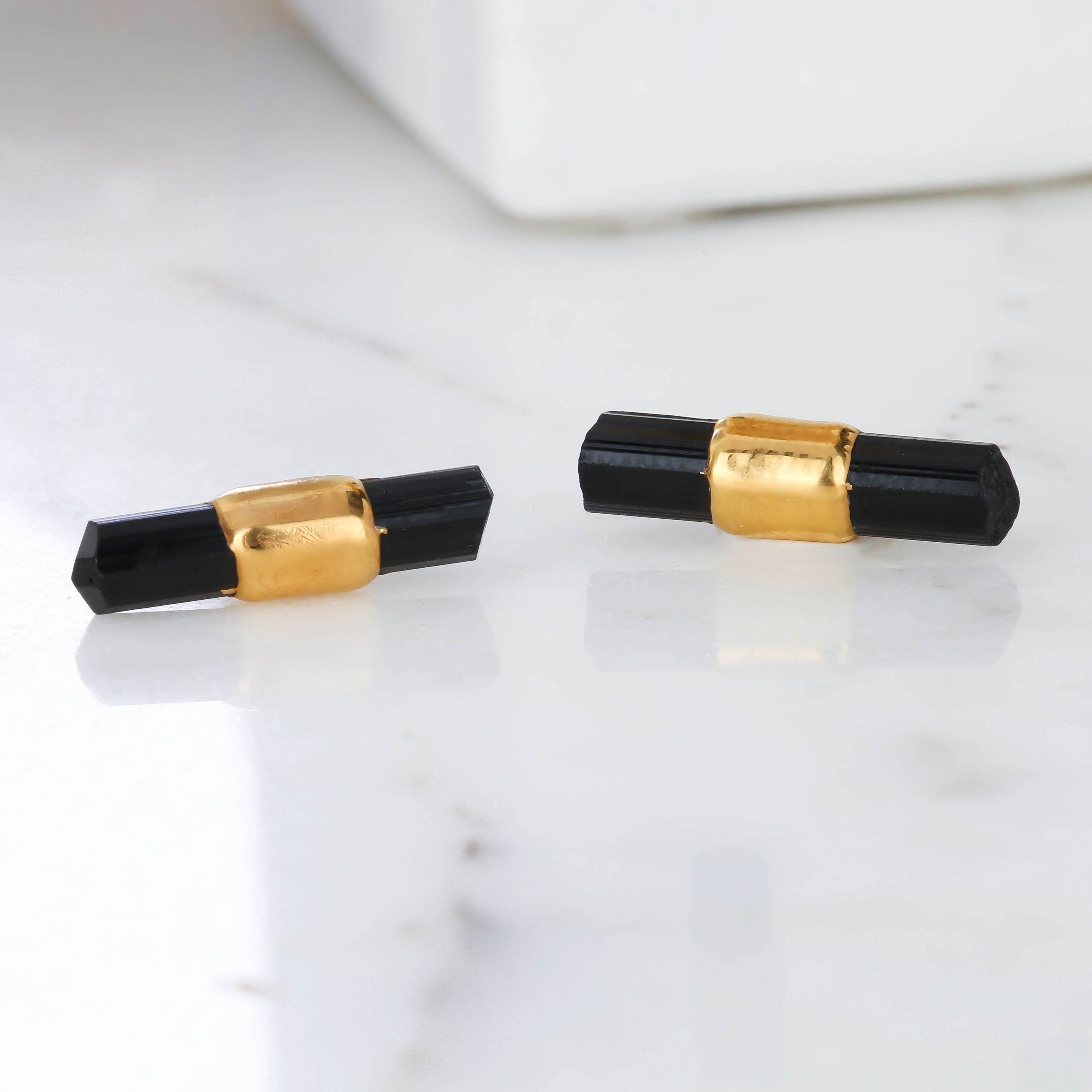 Black Tourmaline Bar Studs: 24k Gold Filled Gemstone Earrings Black Tourmaline Bar Studs: 24k Gold Filled Gemstone Earrings