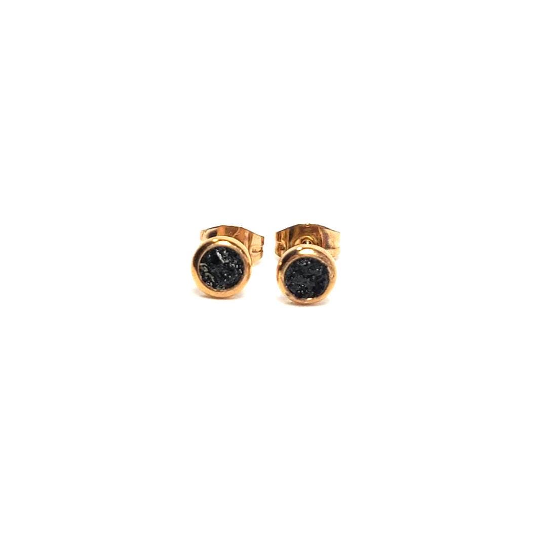 Black Tourmaline Crushed Stone Rose Gold Plated Stainless Steel 4mm Stud Earrings