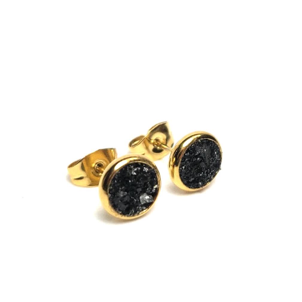 Black Tourmaline Crushed Stone Gold Plated Stainless Steel 6mm Stud Earrings Black Tourmaline Crushed Stone Gold Plated Stainless Steel 6mm Stud Earrings