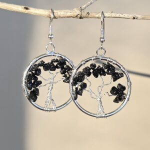 Black Tourmaline Crystal Earrings: Tree of Life Dangle Earrings Black Tourmaline Crystal Earrings: Tree of Life Dangle Earrings
