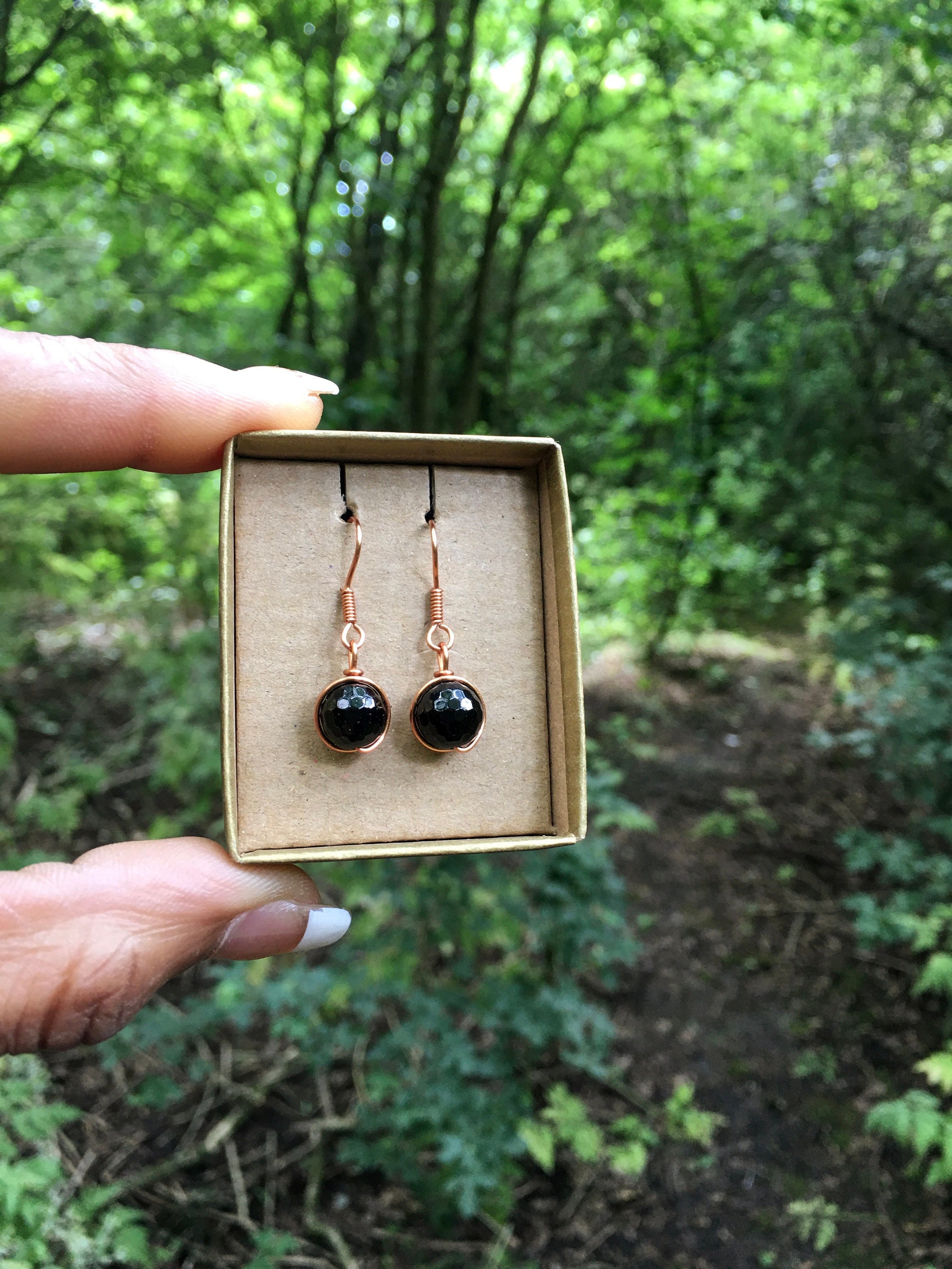 Black Tourmaline Dangle Earrings, Faceted Stone, Handmade Gift Box