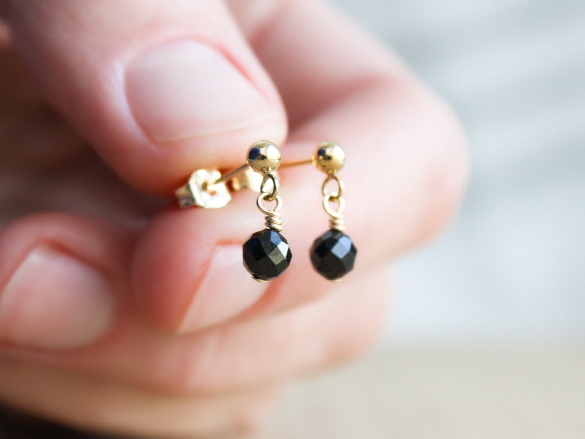Black Tourmaline Dangle Stud Earrings: 14k Gold Filled, Protection Stone Black Tourmaline Dangle Stud Earrings: 14k Gold Filled, Protection Stone