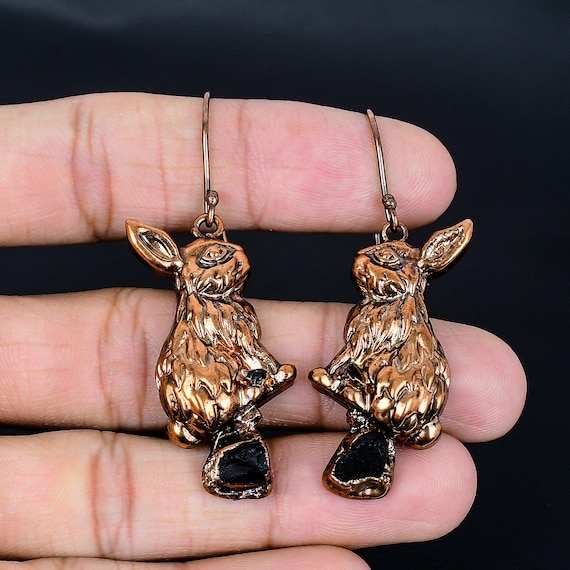 Electroformed Copper Rabbit Earrings With Black Tourmaline