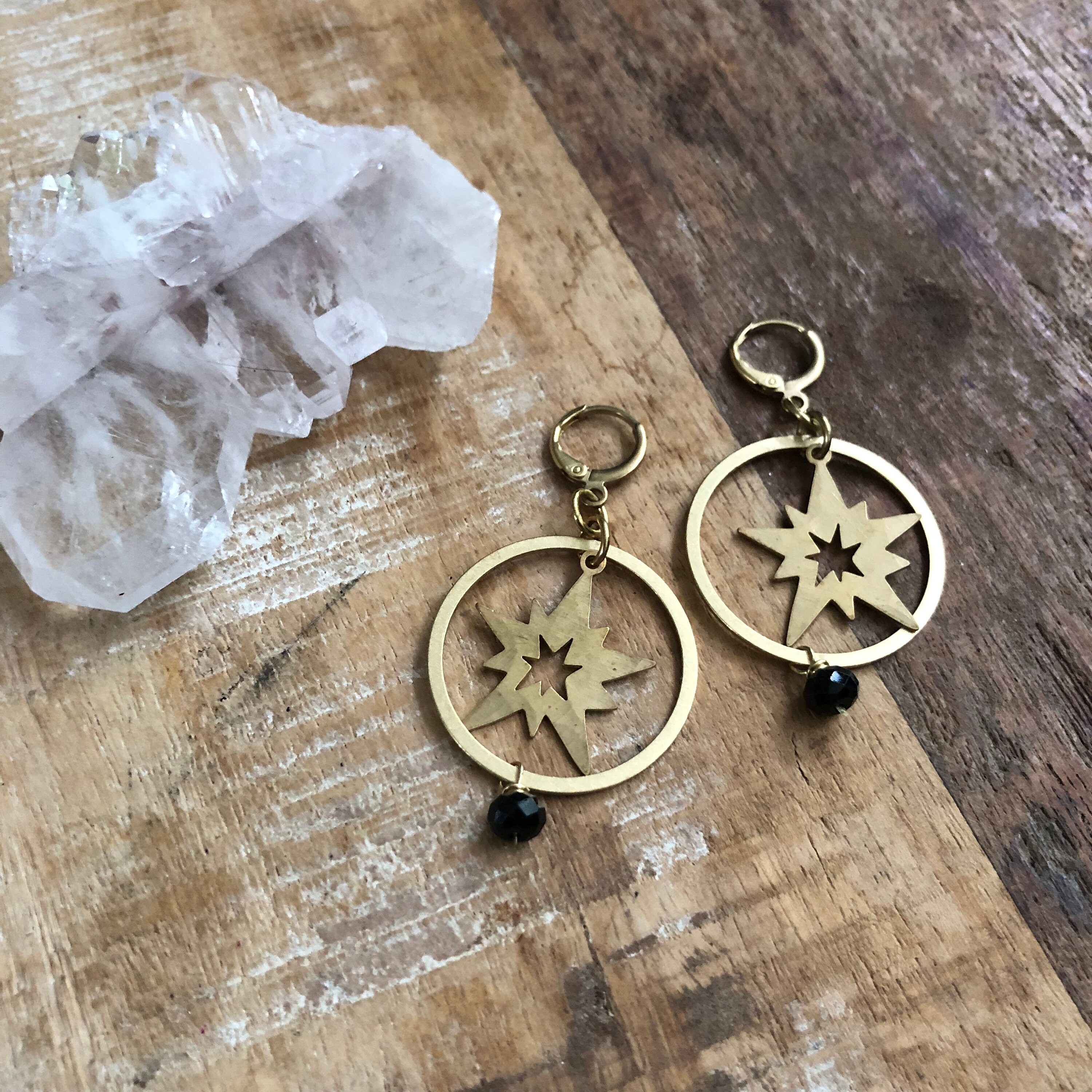 Hammered Brass Star Earrings With Black Tourmaline Hammered Brass Star Earrings With Black Tourmaline
