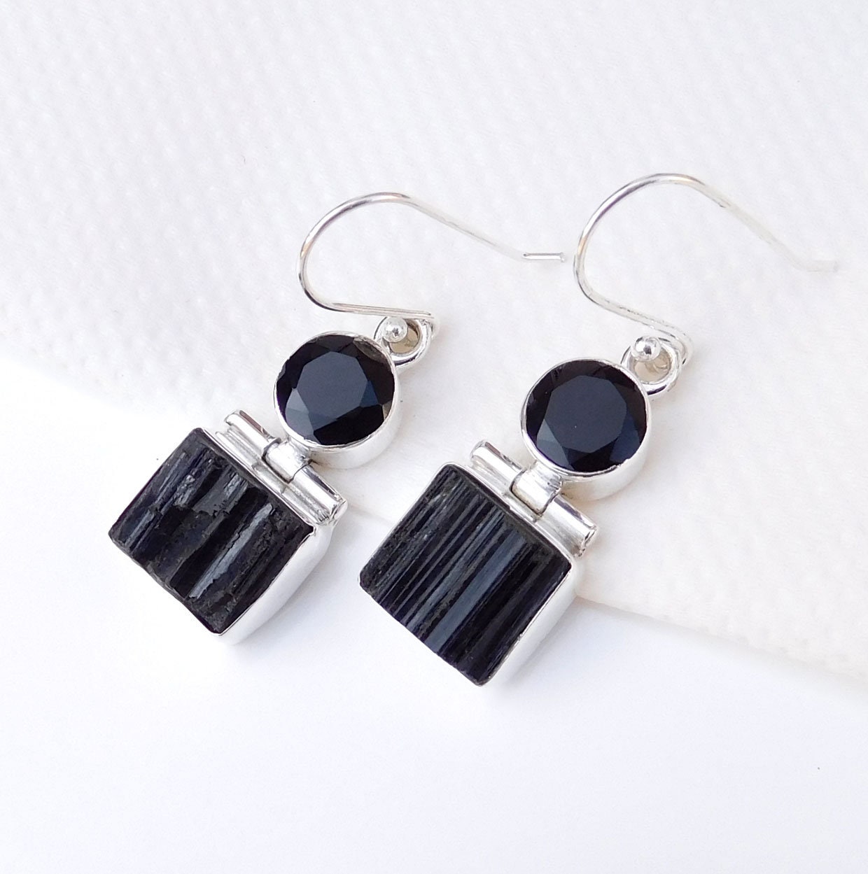 Black Tourmaline Earrings: Handmade 925 Sterling Silver Vintage Jewelry