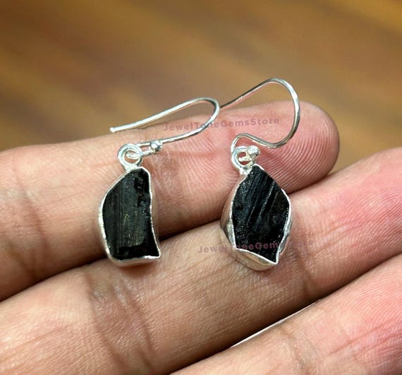Handmade Raw Black Tourmaline Earrings: 925 Sterling Silver Dangle