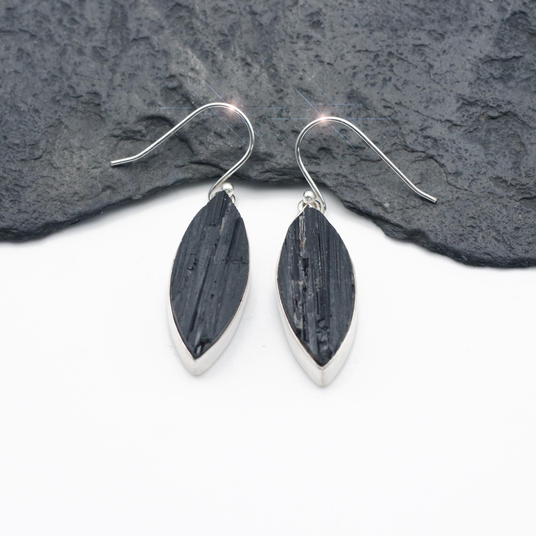 Midnight On Earth - Natural Black Tourmaline Crystal Sterling Silver Earrings
