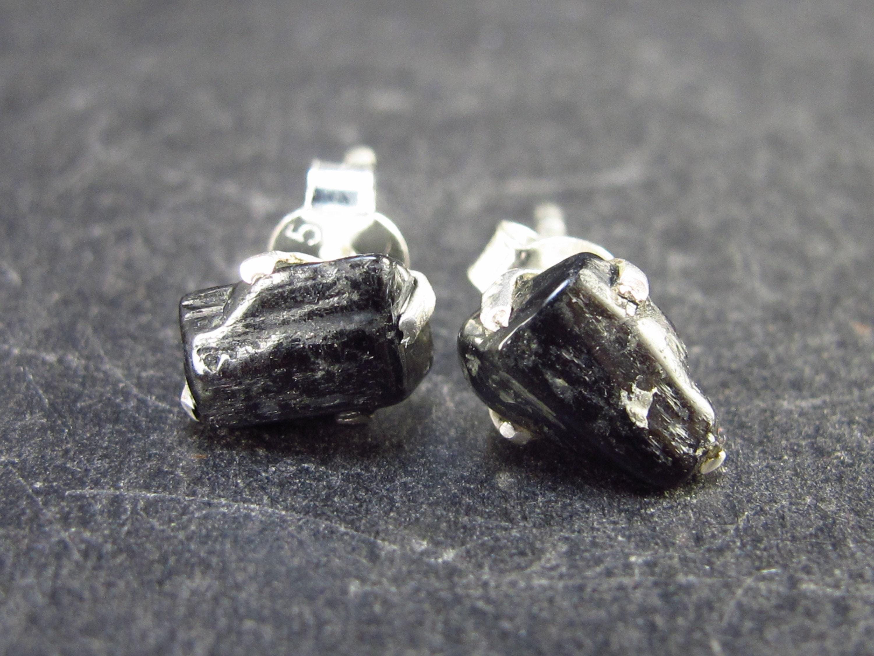 Natural Black Tourmaline Schorl Crystal Stud Earrings In Sterling Silver From Brazil - 0.6"