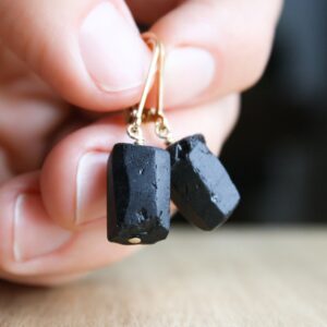Raw Black Tourmaline Earrings: 14k Gold Filled Lever Back Dangle
