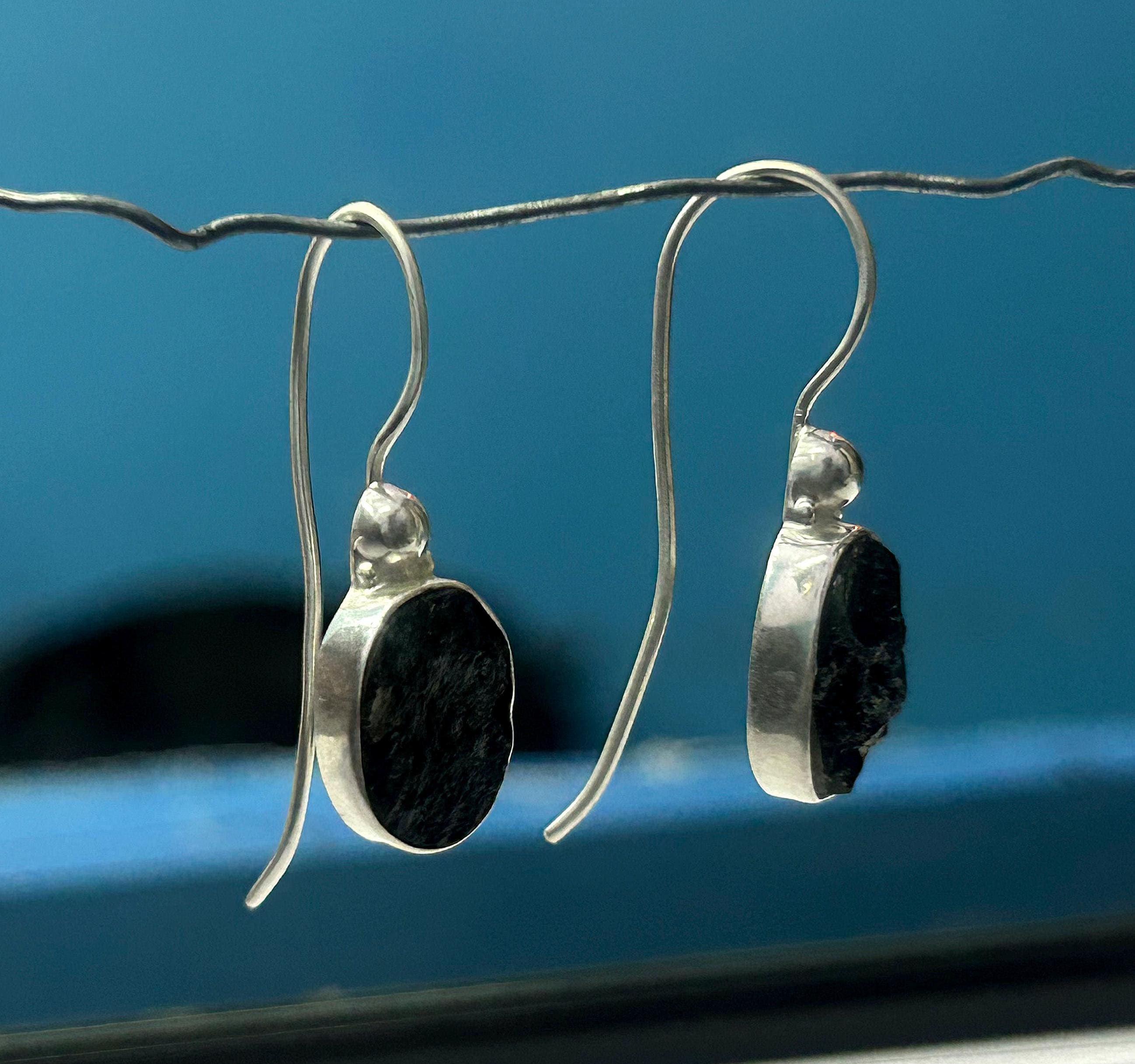 Raw Black Tourmaline Earrings: 925 Sterling Silver Crystal Dangles