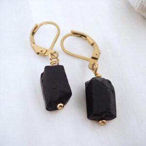 Raw Black Tourmaline Earrings | Gold Leverback Gemstone Dangles | Grounding Protection Jewelry For Her Or Him, Black Stone Jewelry