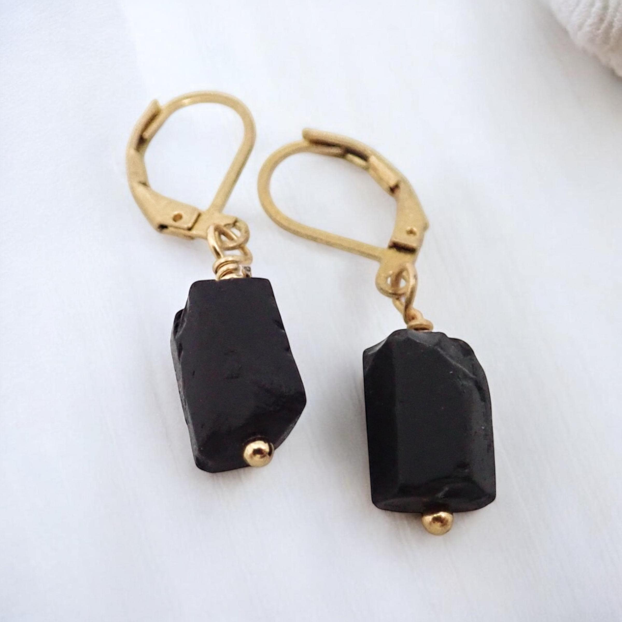 Raw Black Tourmaline Earrings | Gold Leverback Gemstone Dangles | Grounding Protection Jewelry For Her Or Him, Black Stone Jewelry Raw Black Tourmaline Earrings | Gold Leverback Gemstone Dangles | Grounding Protection Jewelry For Her Or Him, Black Stone Jewelry