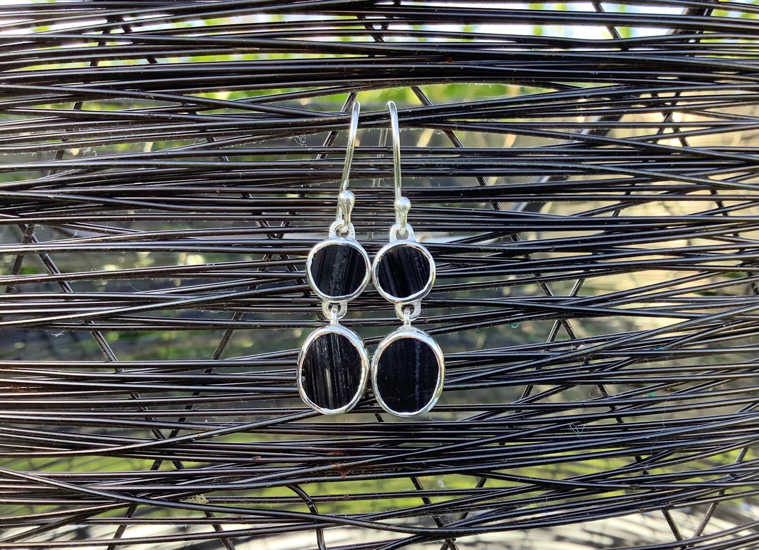 Raw Black Tourmaline Sterling Silver Drop Earrings