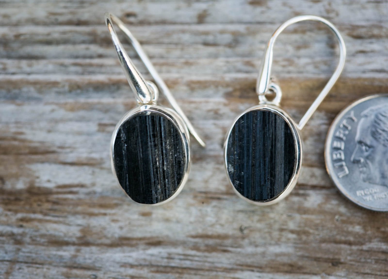 Raw Black Tourmaline Sterling Silver Dangle Earrings