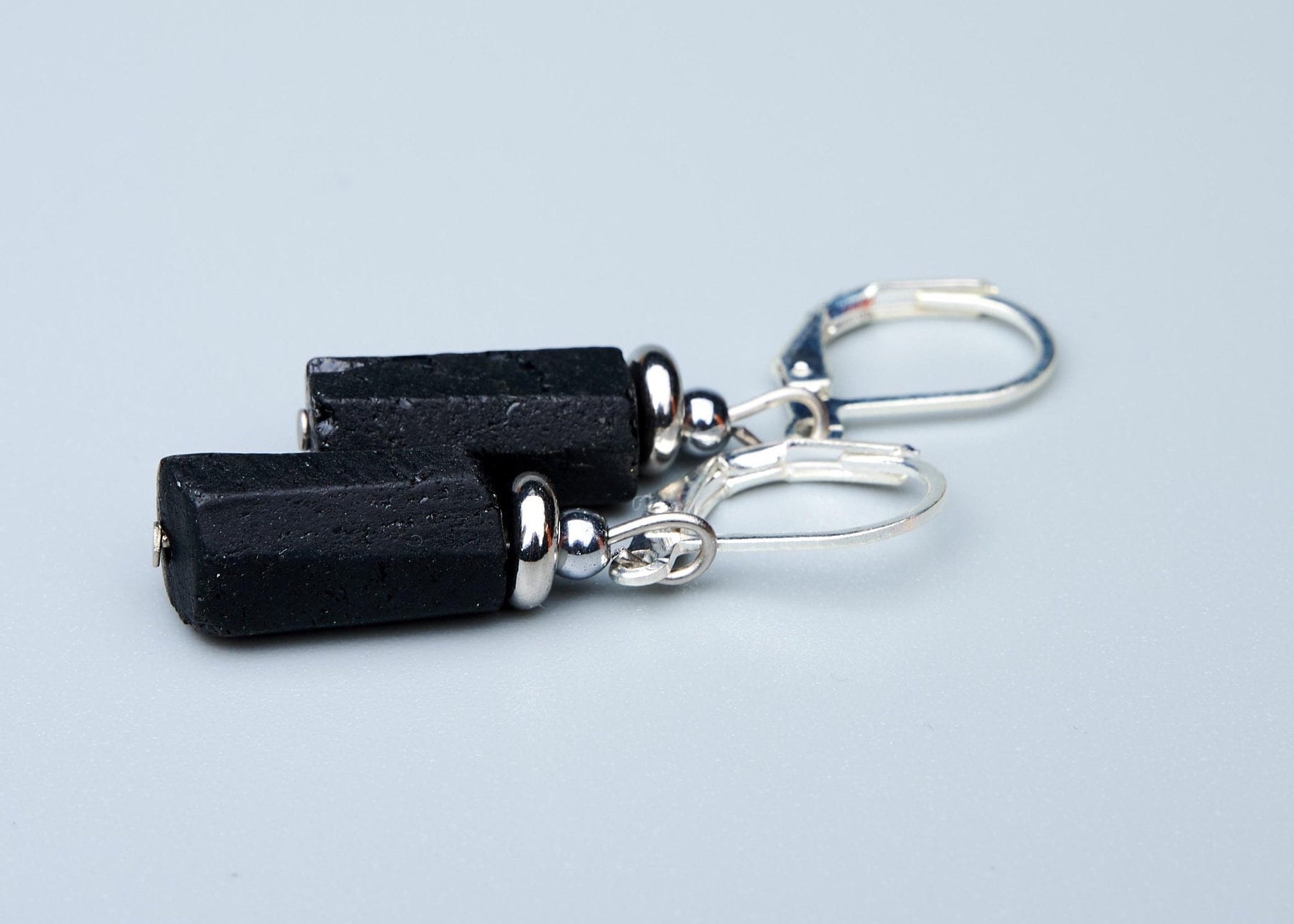 Raw Black Tourmaline Sterling Silver Dangle Earrings