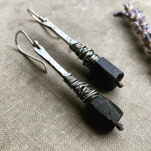 Raw Black Tourmaline Earrings / Sterling Silver / Wire Wrap Jewelry / Boho / Rustic Earring / Hammered / Dangle / Healing Stones Raw Black Tourmaline Earrings / Sterling Silver / Wire Wrap Jewelry / Boho / Rustic Earring / Hammered / Dangle / Healing Stones